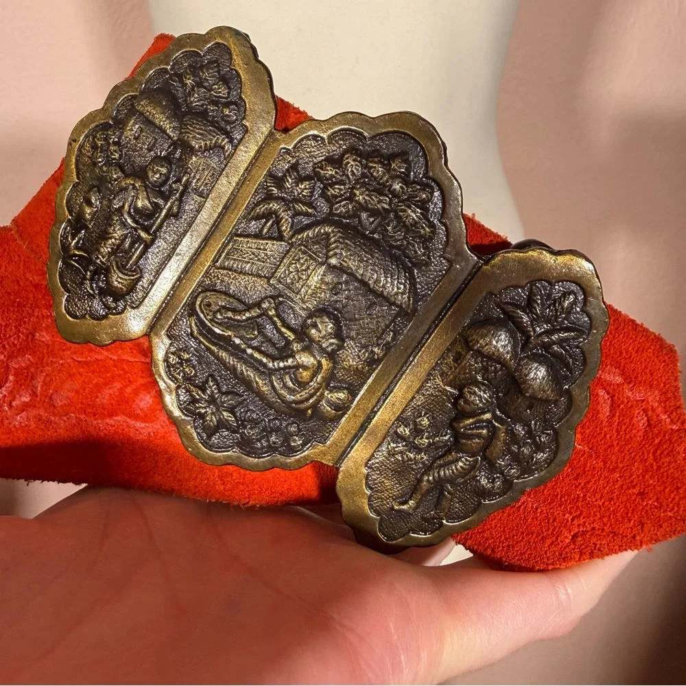Vintage 1960 70 Boho Exotic Brass buckle Embossed red Leather wide festival Belt