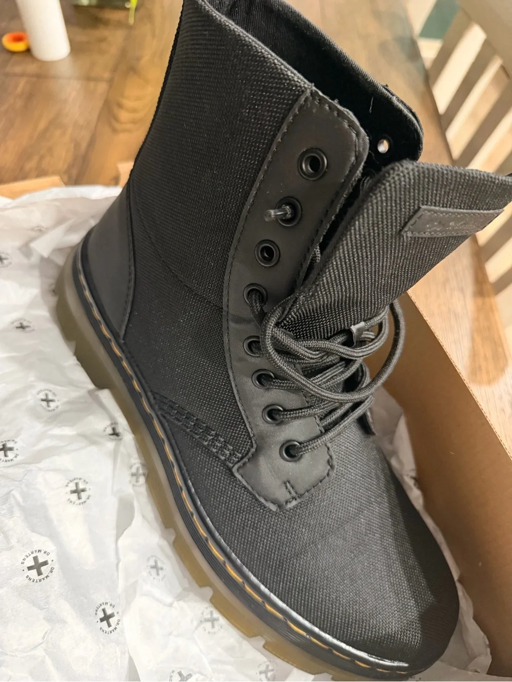 Dr. Martens Black Canvas Lace-Up Combat Boot with Yellow Stitching