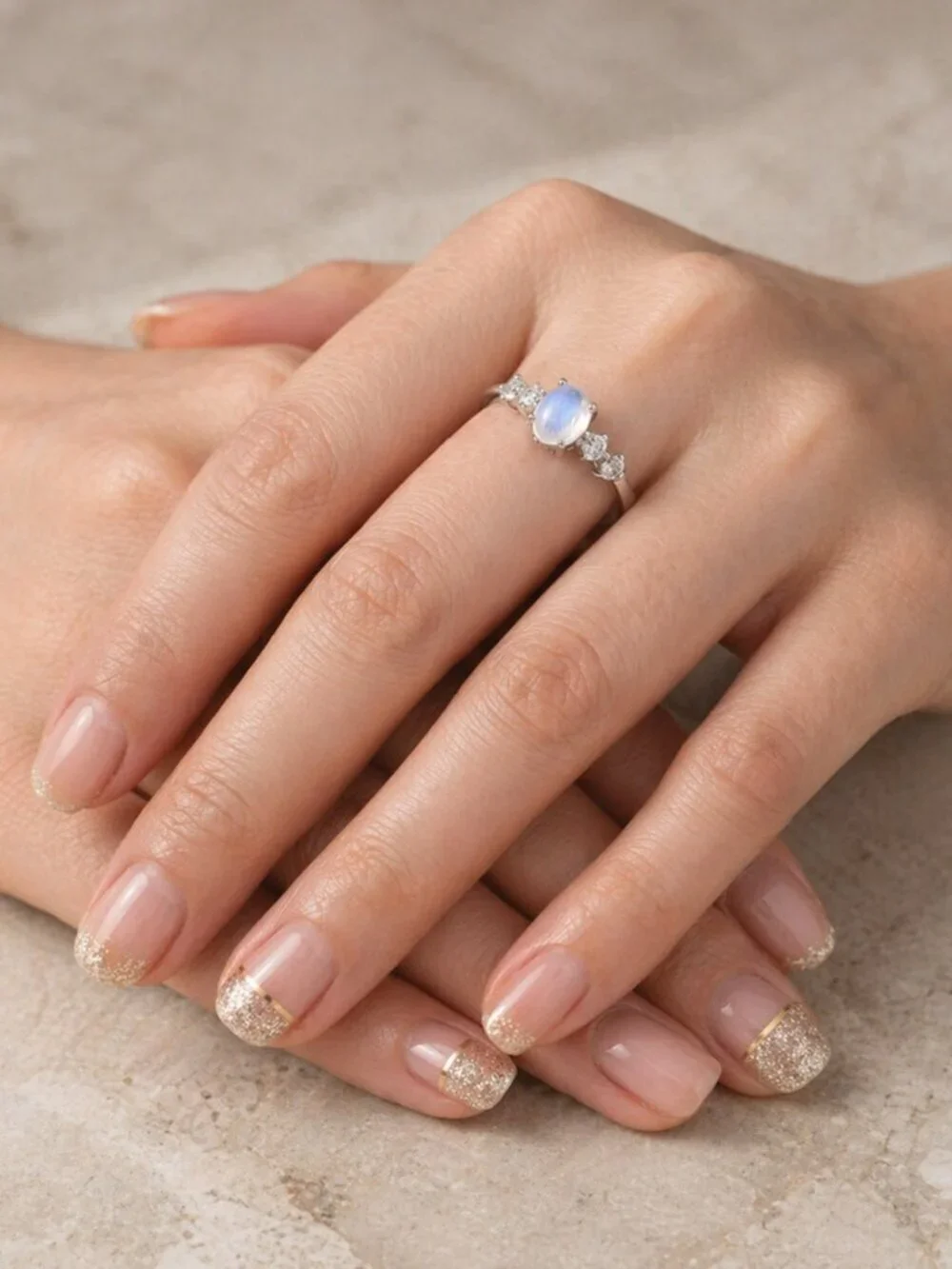 Celestial Dainty 925 Silver Genuine Moonstone CZ Minimalist Ring Size 6