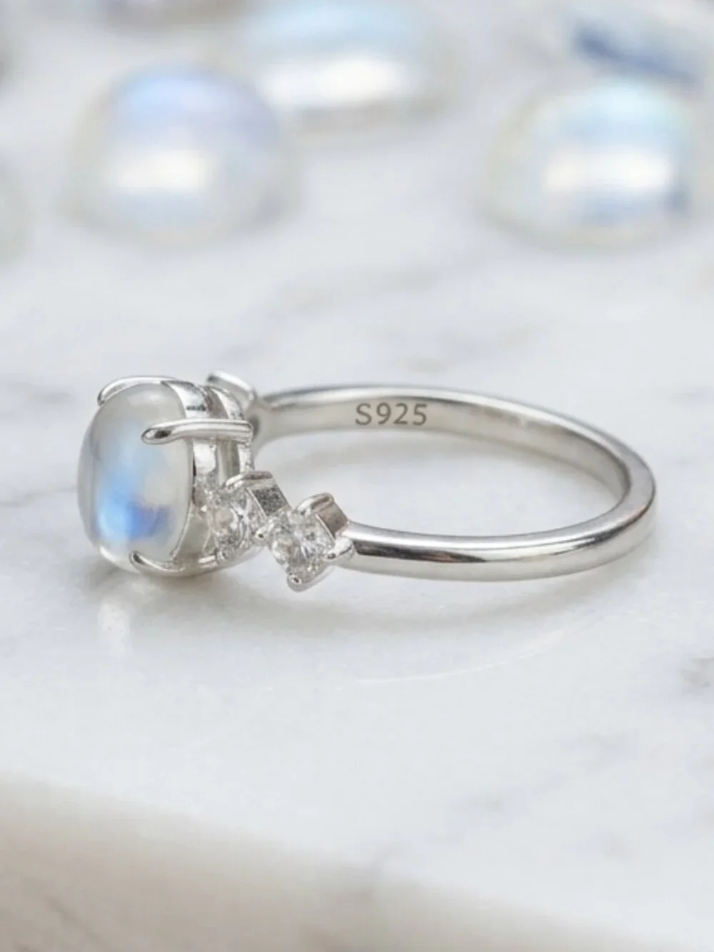 Celestial Dainty 925 Silver Genuine Moonstone CZ Minimalist Ring Size 6