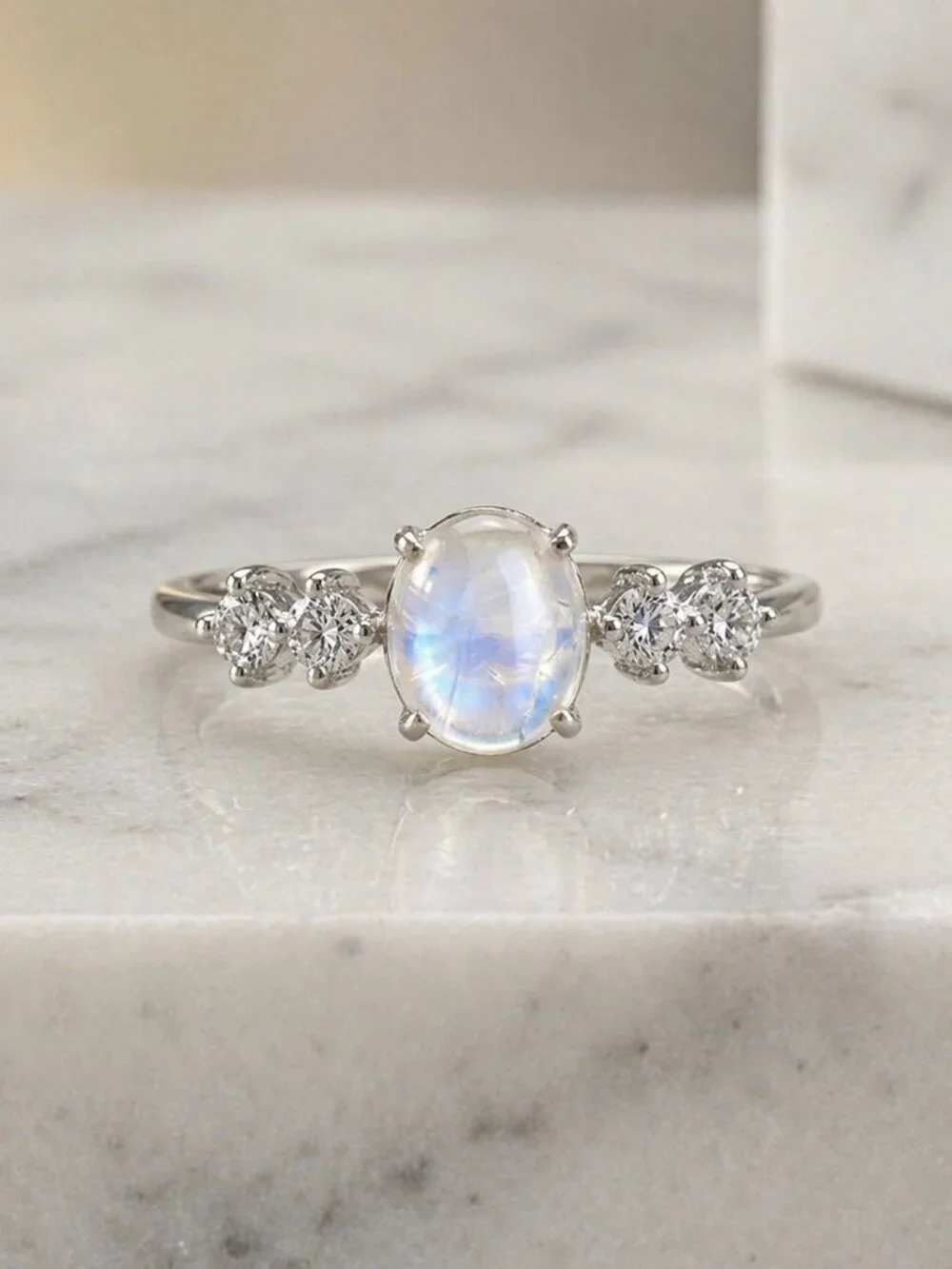 Celestial Dainty 925 Silver Genuine Moonstone CZ Minimalist Ring Size 6