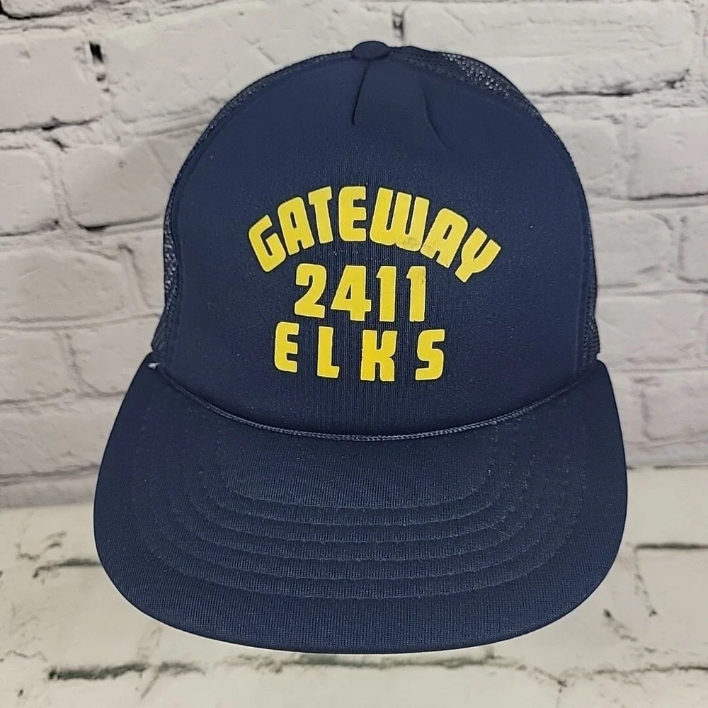 Vintage‎ Trucker Hat Elks Club Lodge 2411 Mens Navy Blue Rope Mesh Snapback Cap