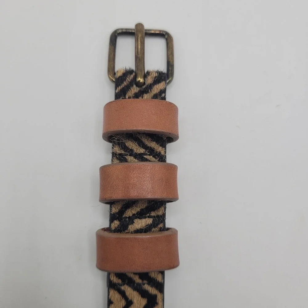 Zebra Print Belt Med Brown Calf Hair Leather Skinny Thin Boho Equestrian Cowgirl