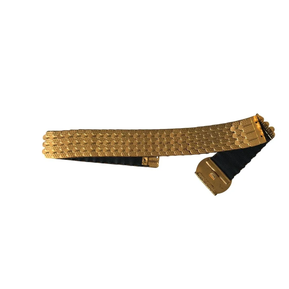 Vintage 70s 80s Gold Fish Scale Mail Stretch Belt Metallic Disco Cinch Waist