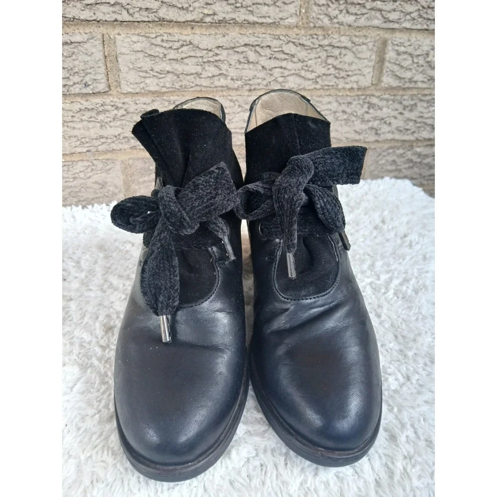 Casta Women's Black Leather Seude Block Heel Booties Sz 37 US 6.5 Witchy Goth
