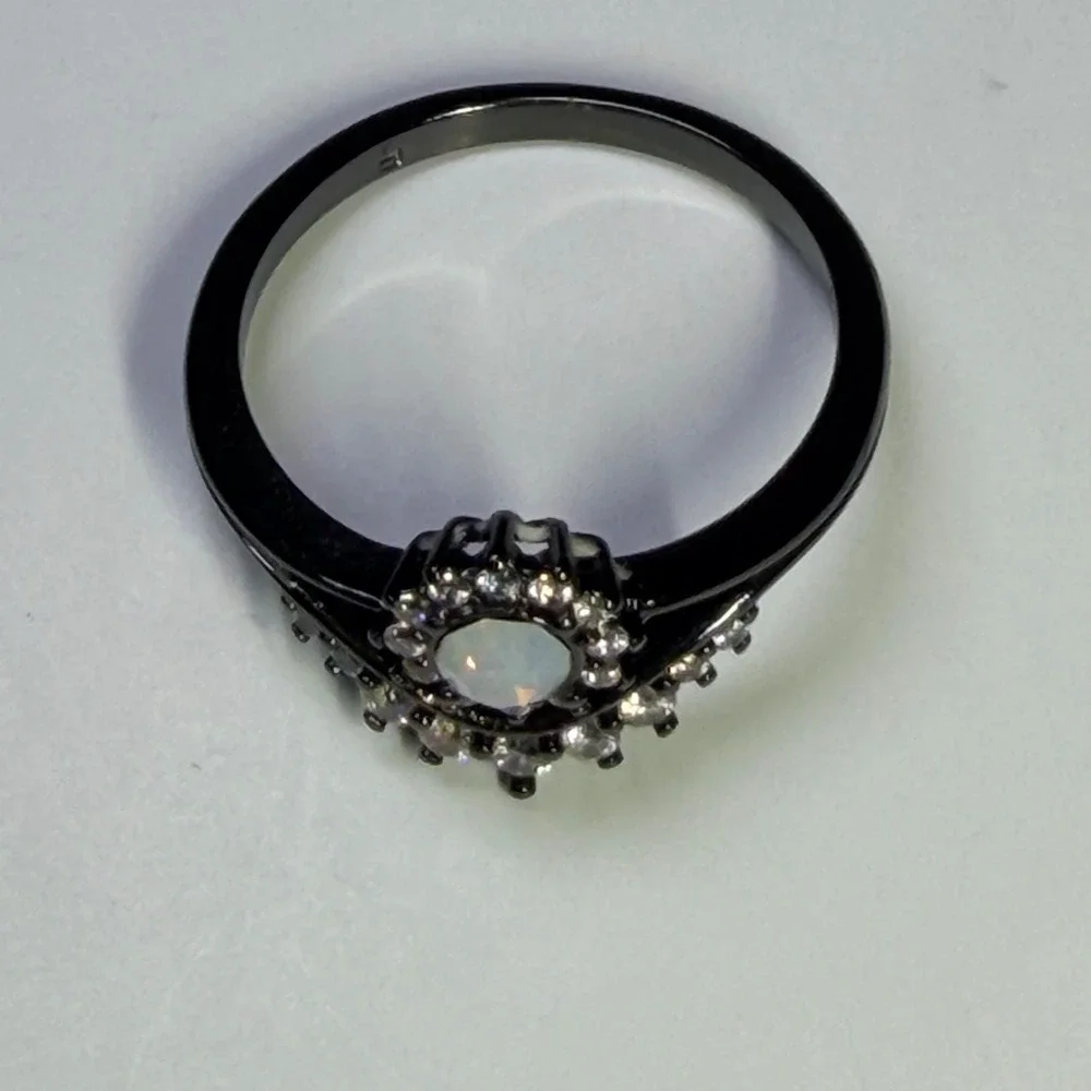 Fragrant Jewels Black Faux Opal Crystal Halo  Ring Size 8 Moon Flowers Gothcore