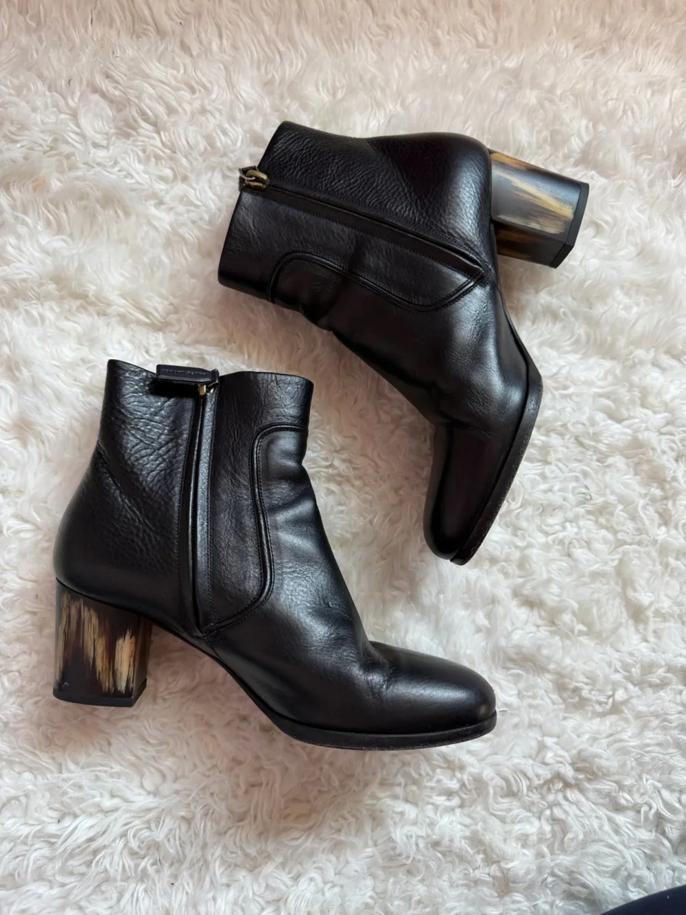Ralph Lauren Purple Label Black Leather Ankle Boots with Marbled Block Heel 37.5