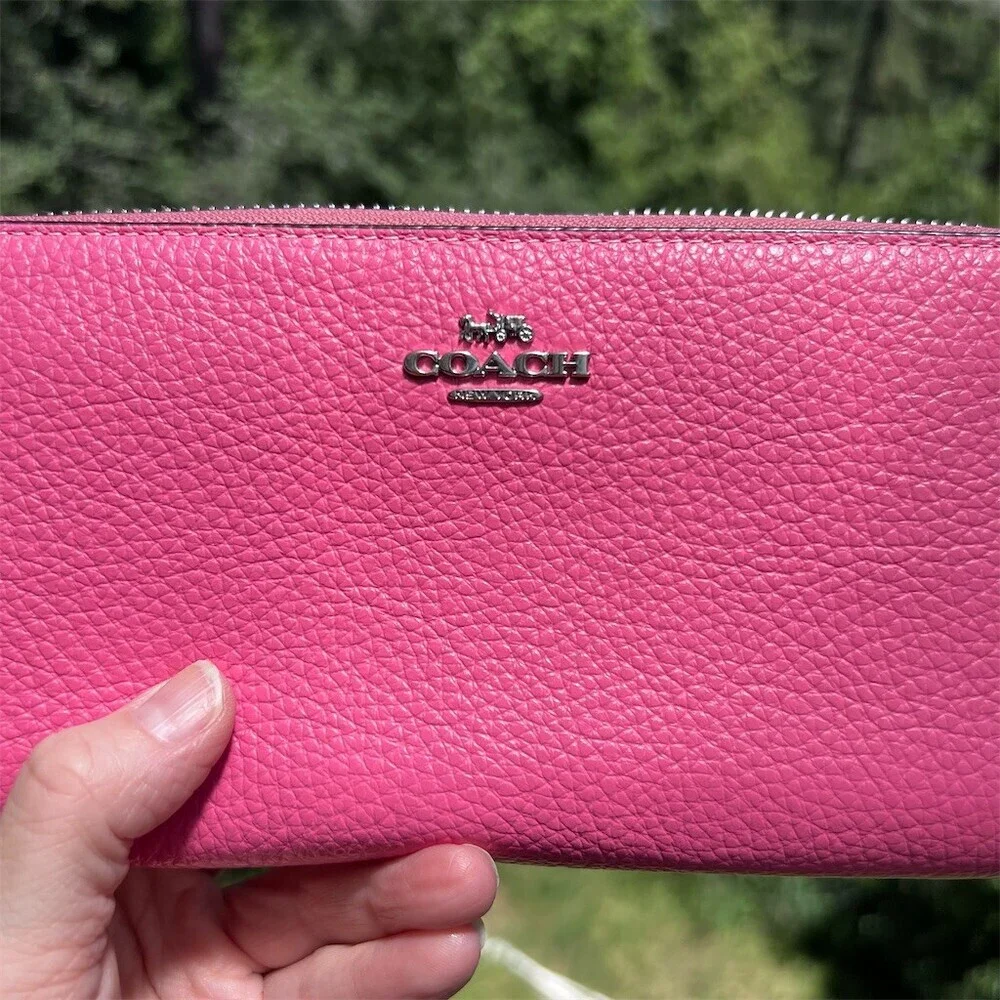 COACH Long Zip-Around Wallet Pink Pebble Leather with Silver Hardware AUTHENTIC