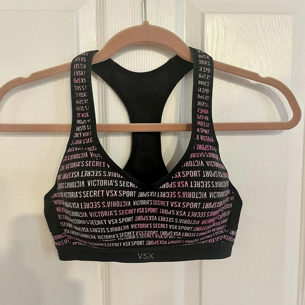 Victoria's Secret VSX Sports‎ Bra 32B Black Pink Logo Athletic Racerback Workout