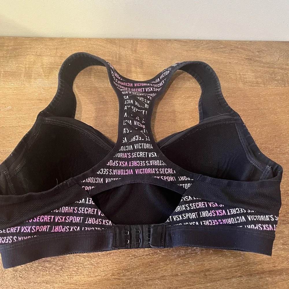 Victoria's Secret VSX Sports‎ Bra 32B Black Pink Logo Athletic Racerback Workout