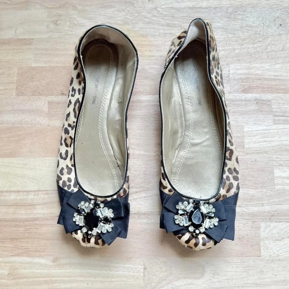 Leopard pony‎ hair ballet flat size 8.5 rhinestone bow brown black