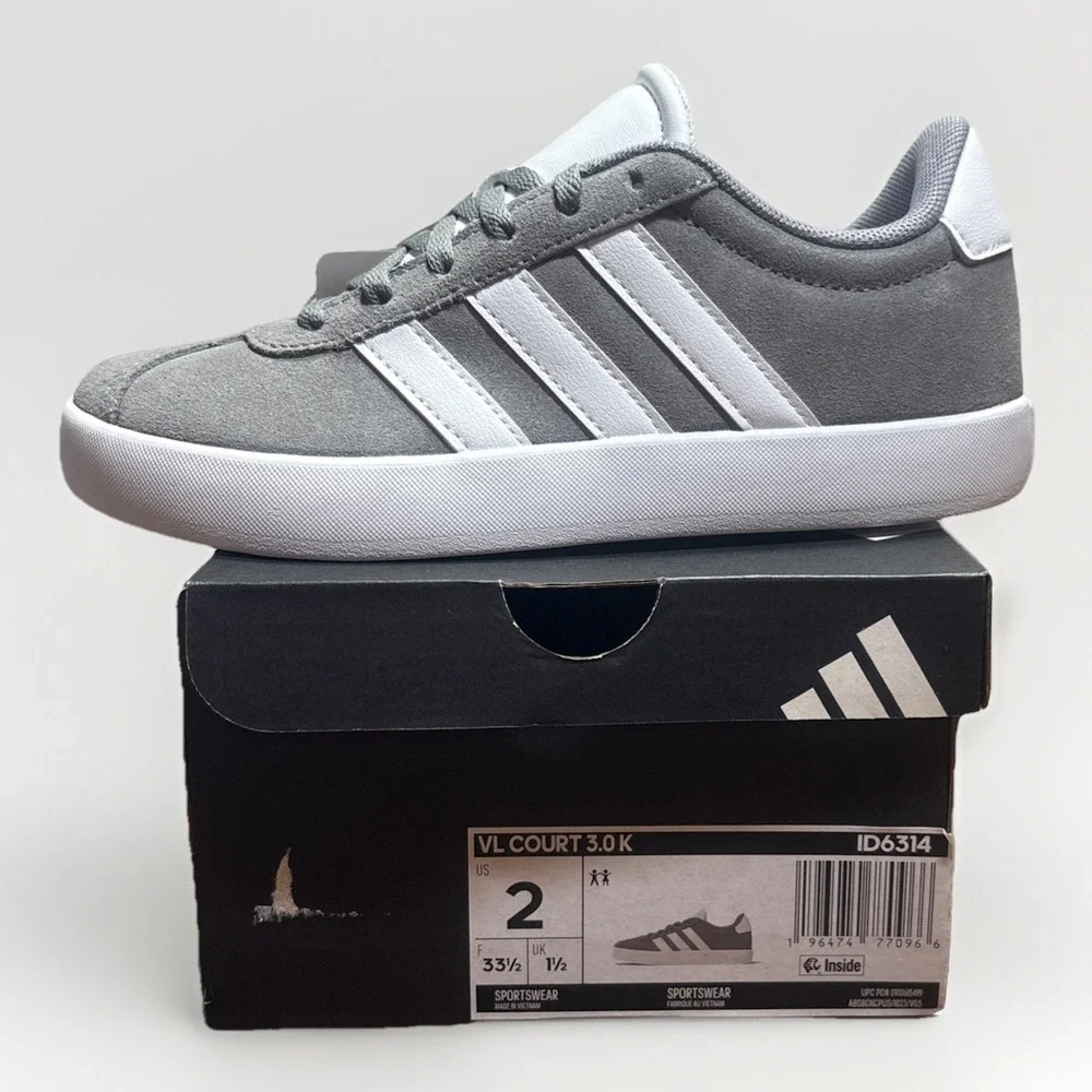 Adidas VL Court 3.0 Shoes  Kids Size 2-Grey Cloud White‎  Sneakers