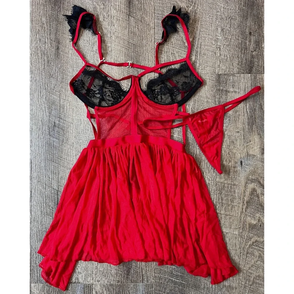 Red and black strappy 2 pc lingerie‎ teddy mesh lace babydoll sexy size S/M