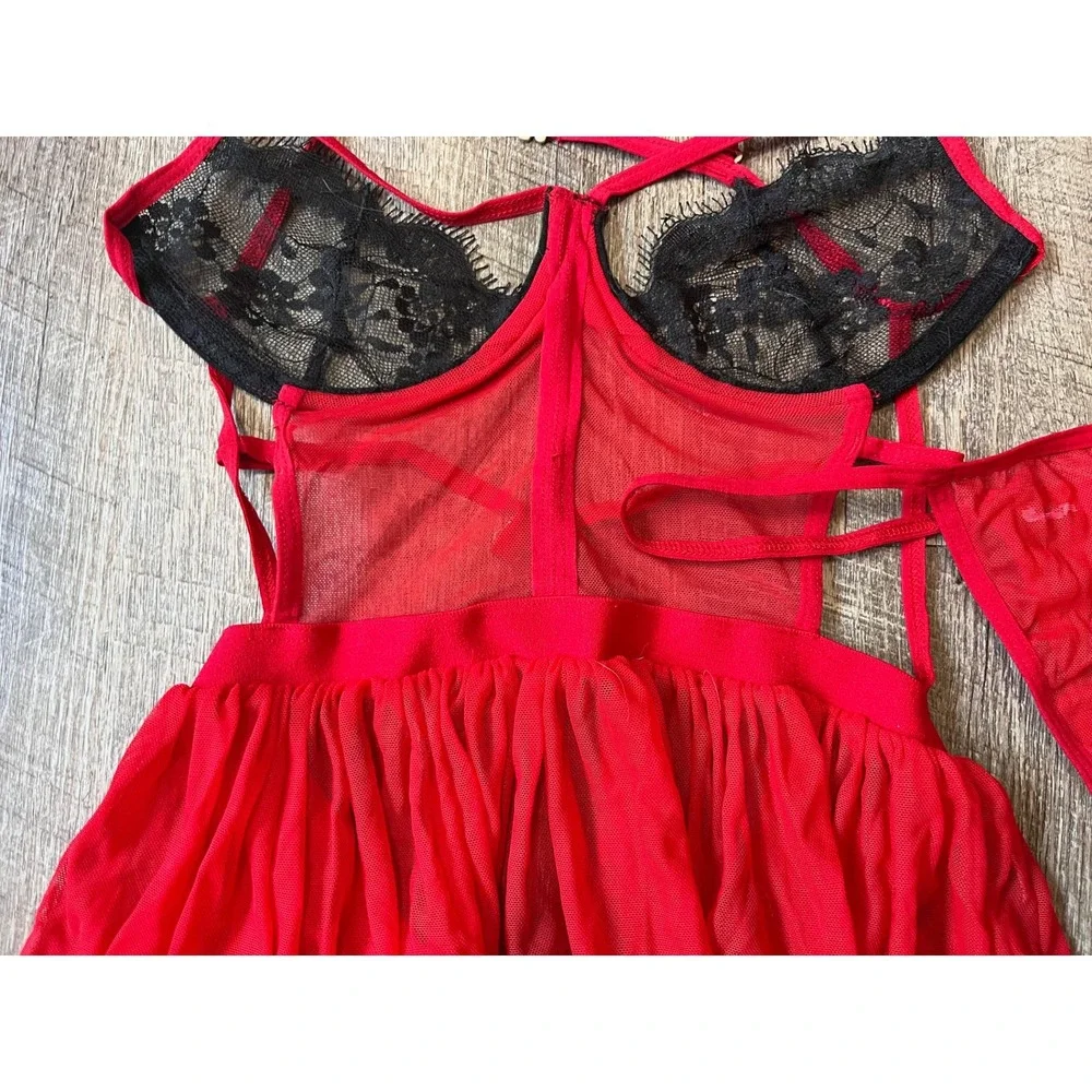 Red and black strappy 2 pc lingerie‎ teddy mesh lace babydoll sexy size S/M