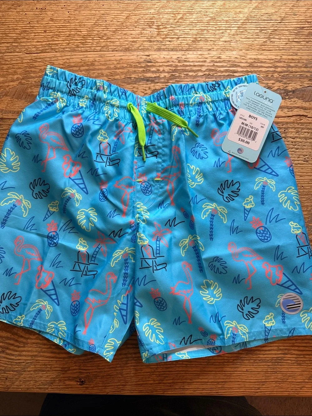 Laguna B Bright Blue Flamingo & Tropical Print Swim Trunks