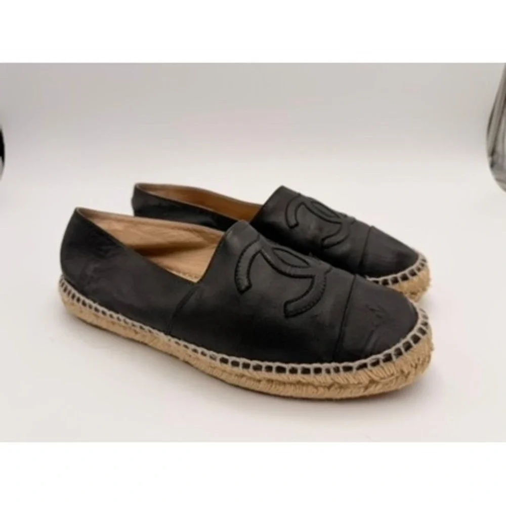 Chanel Espadrilles Women Black Good Lambskin Leather CC Logo‎ Flats