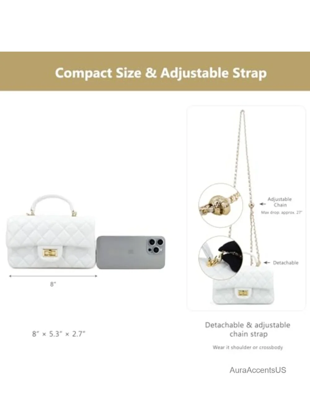 Genuine Leather Quilted Crossbody Bag with Gold Chain Strap
