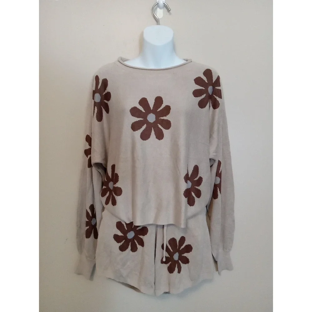 Ekouaer Light‎ Brown Dark Sunflowers Pajama Lounge Shorts/longleeve Knit Set S
