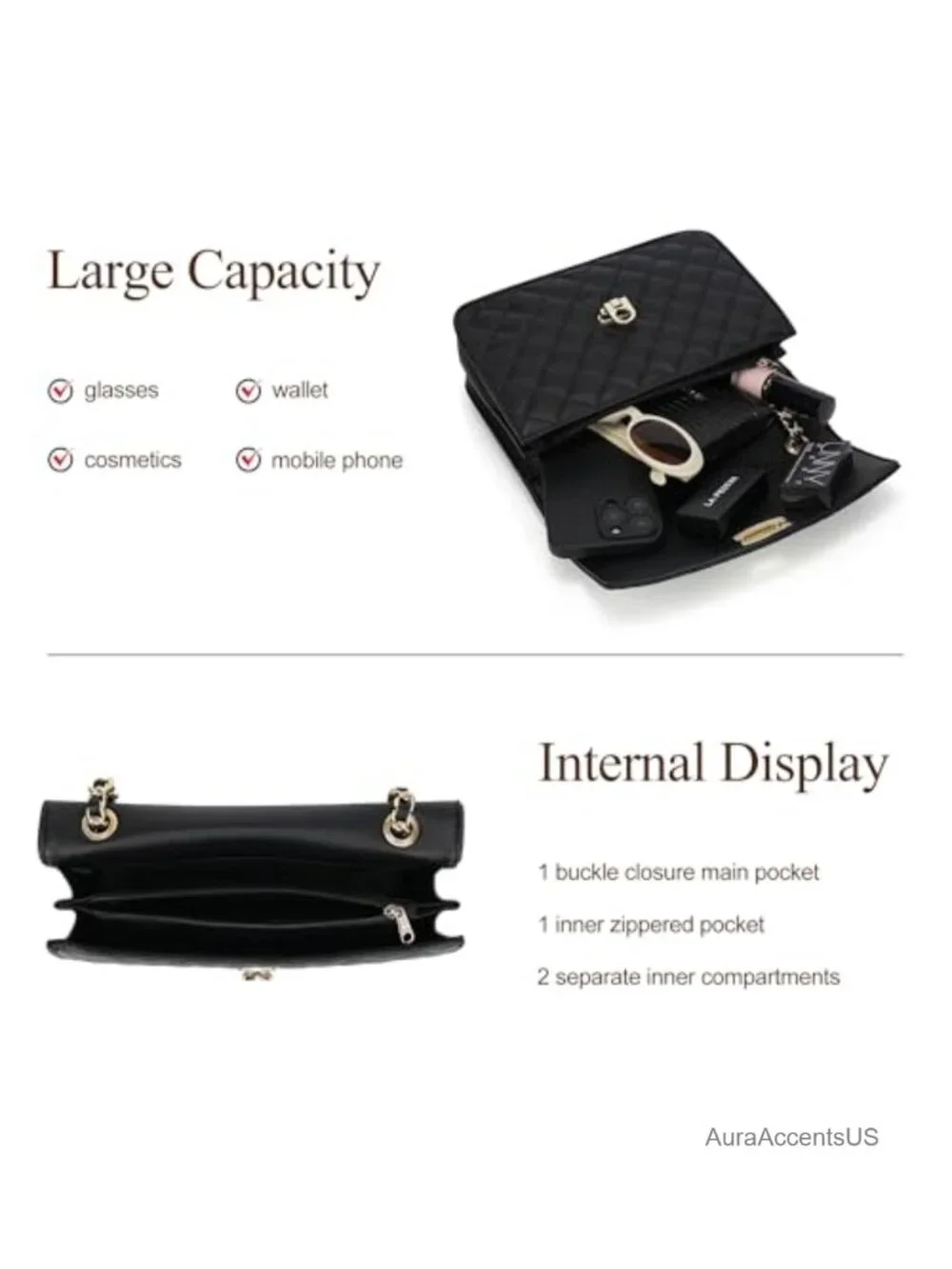 Quilted Vegan Leather Crossbody Bag with Chain Strap Shoulder Purse
