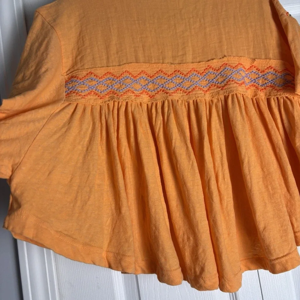 Free People Top Embroidered Tie Neck Carrot Ginger S‎ Flowy Boho Peasant