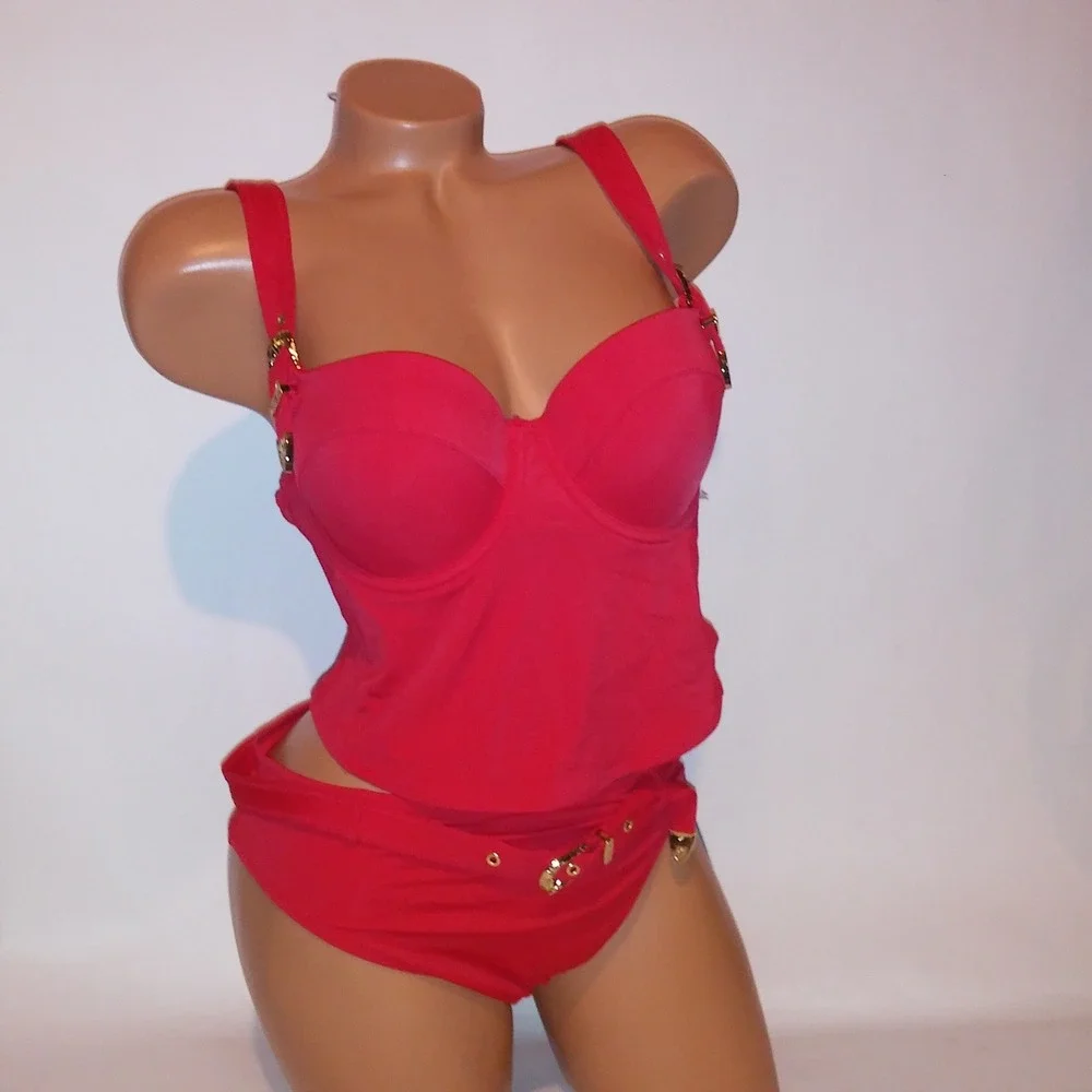 Victoria Secret PINK Swim Bikini XL Top & Bottom Red Solid Long Line Belted New