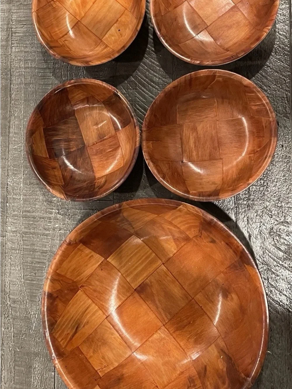 Vintage Mid-Century Modern Parquet Wood Salad Bowl Set - 1 Large & 4 Small Bowl