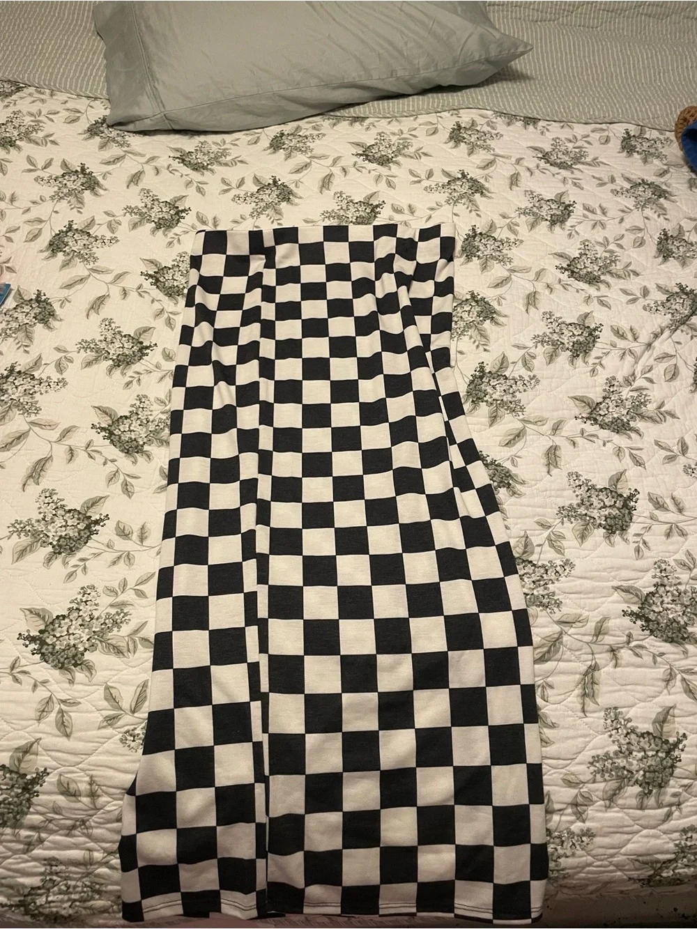 Checkerboard Midi Skirt with Side Slit - Olive & White