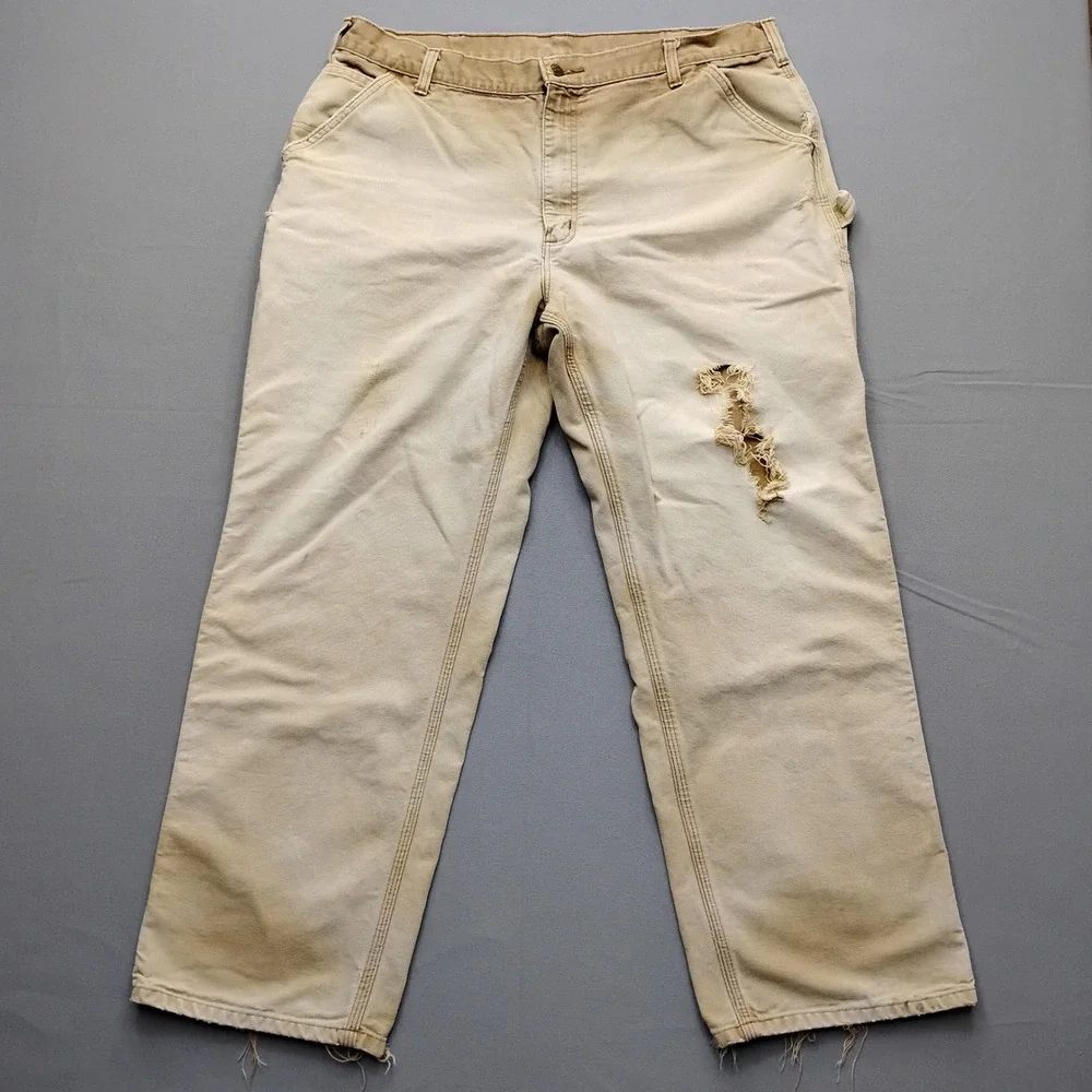 Vintage Carhartt Thrashed Carpenter Pants Tan Canvas Workwear 40x30 Distressed