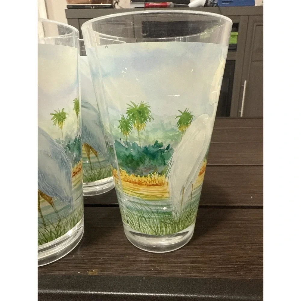 Set of 4 Heron Egret Bird Coastal Beach Plastic Tumbler Cups Glasses