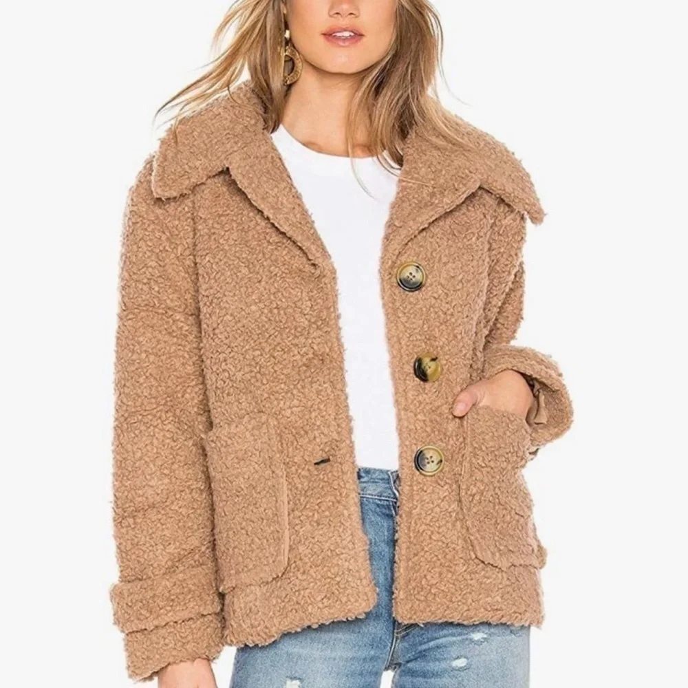 Free People So Soft Cozy Peacoat Teddy Sherpa Coat in Camel/Brown
