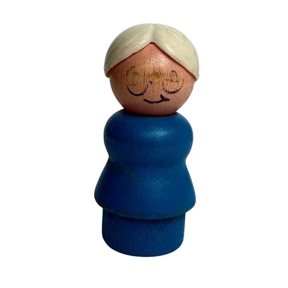 VTG Fisher Price Little People Grandma‎ Female Blue Vintage Wood Peg Toy Figure