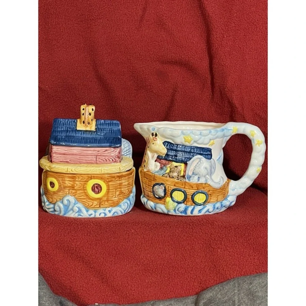 Noah's Ark Ceramic Sugar & Creamer and Cookie Jar 3‎ Piece Set (2039)