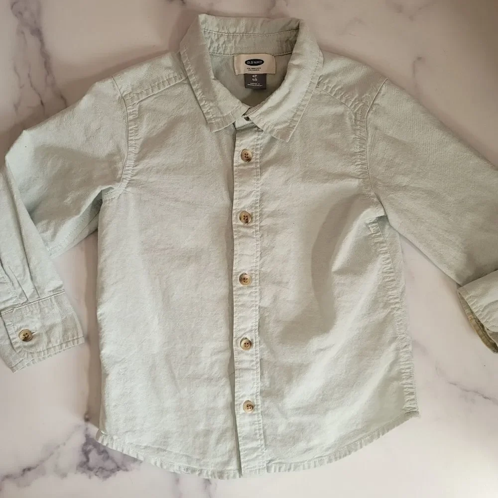 Light green linen Button up long sleeve collared shirt boys 4t dressy spring