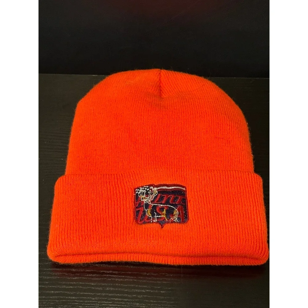 Vintage Blaze Orange USA Embroidered Patch Knit‎ Beanie Hunter Safety Watch Cap