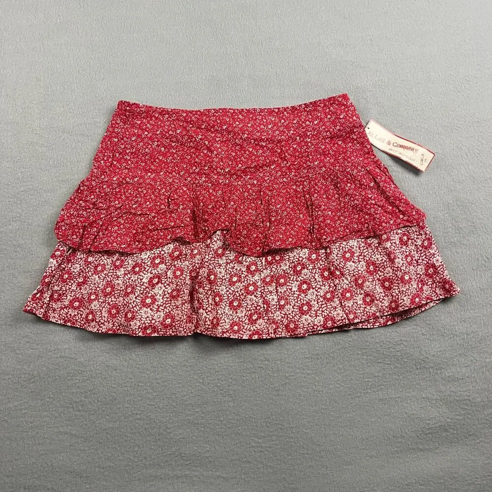 NWT At Last & Company Vtg Ruffled Cottagecore Red Floral Mini Skirt Women's Med
