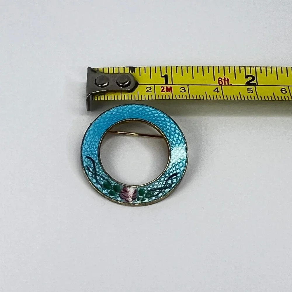 Vintage Guilloché‎ Blue Pink Rose Circle Pin Midcentury Grandma Love Gratitude