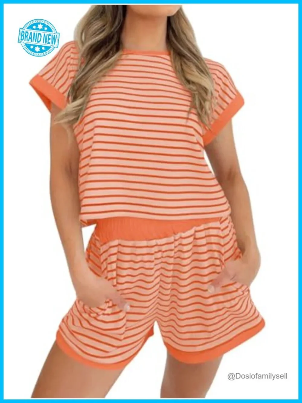 Women's Striped Short Sleeve 2 Piece Lounge Set with Shorts