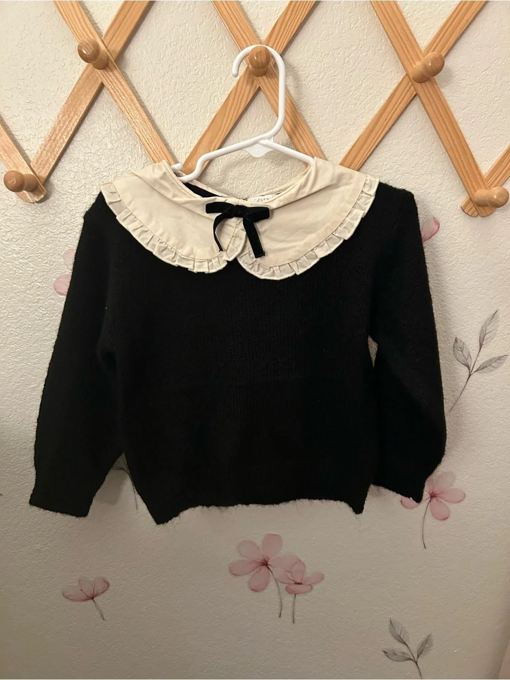 Zara Black Sweater with Cream Ruffled Collar and Bow