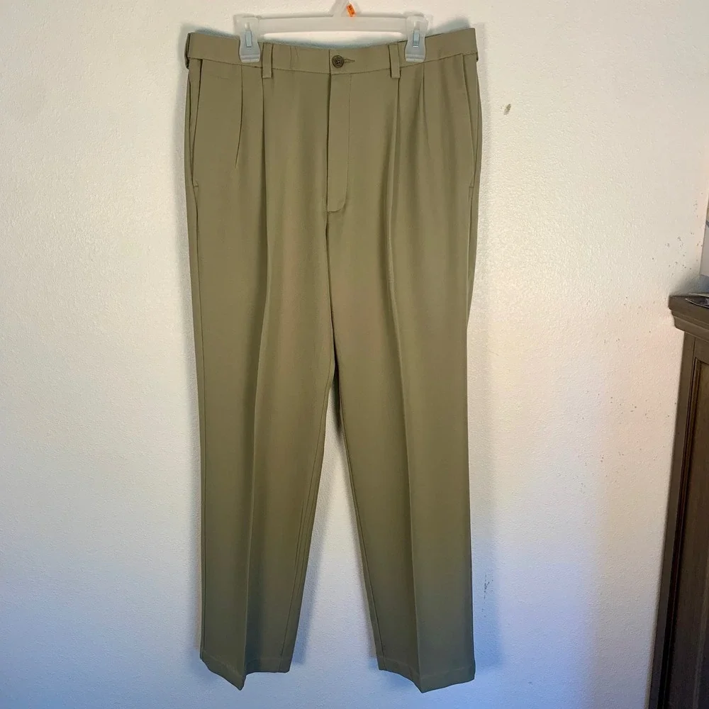 Haggar Cool 18 Pro Mens Dress Pants 36x34 Khaki Flat Front Classic Fit‎