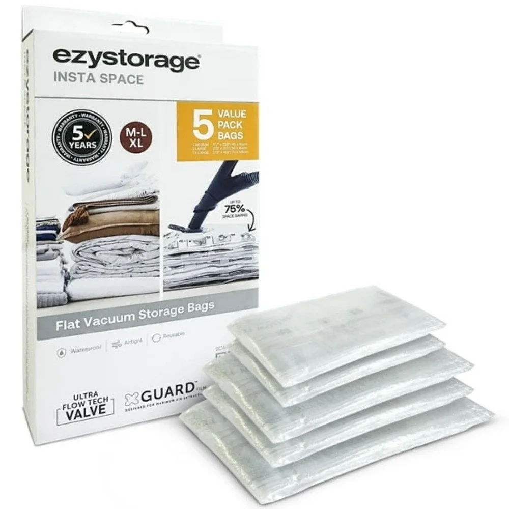 Ezystorage Insta Space Flat‎ Vacuum Storage Bags 5 Pack Assorted Sizes M L XL