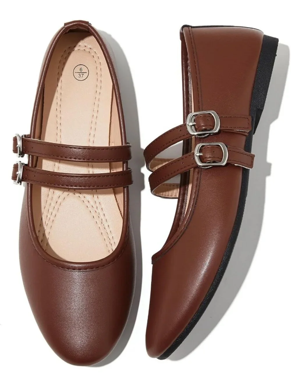 Women's Tan Faux Leather Round Toe Adjustable Buckle Strap Flats Slip On Shoes