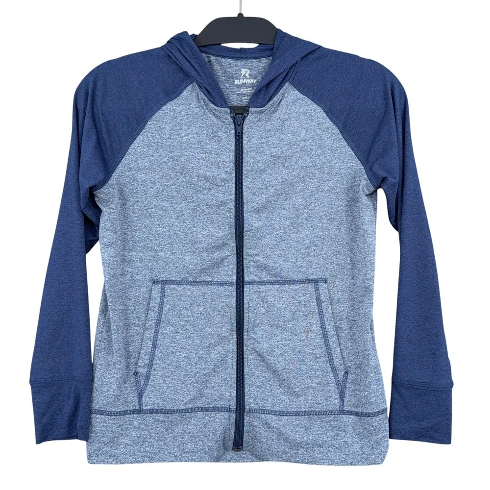 Runway Full Zip Hoodie Girls Size M 8-10 Polyester Spandex Blue Space Dye
