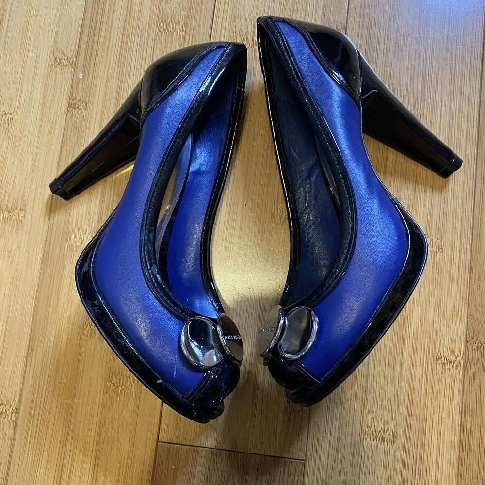 Karen Millen Heels EU Size 37 Blue Black Patent Leather Platform Peep Toe Heels