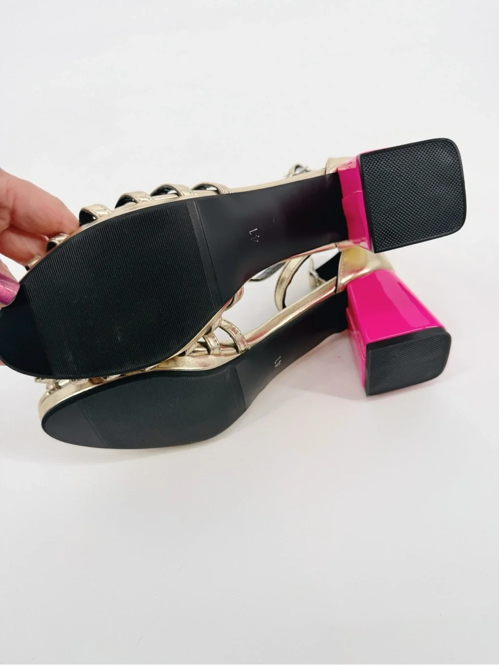 Gold Strappy Block Heel Sandal with Pink Heel NWOT Sz 41 (runs small)