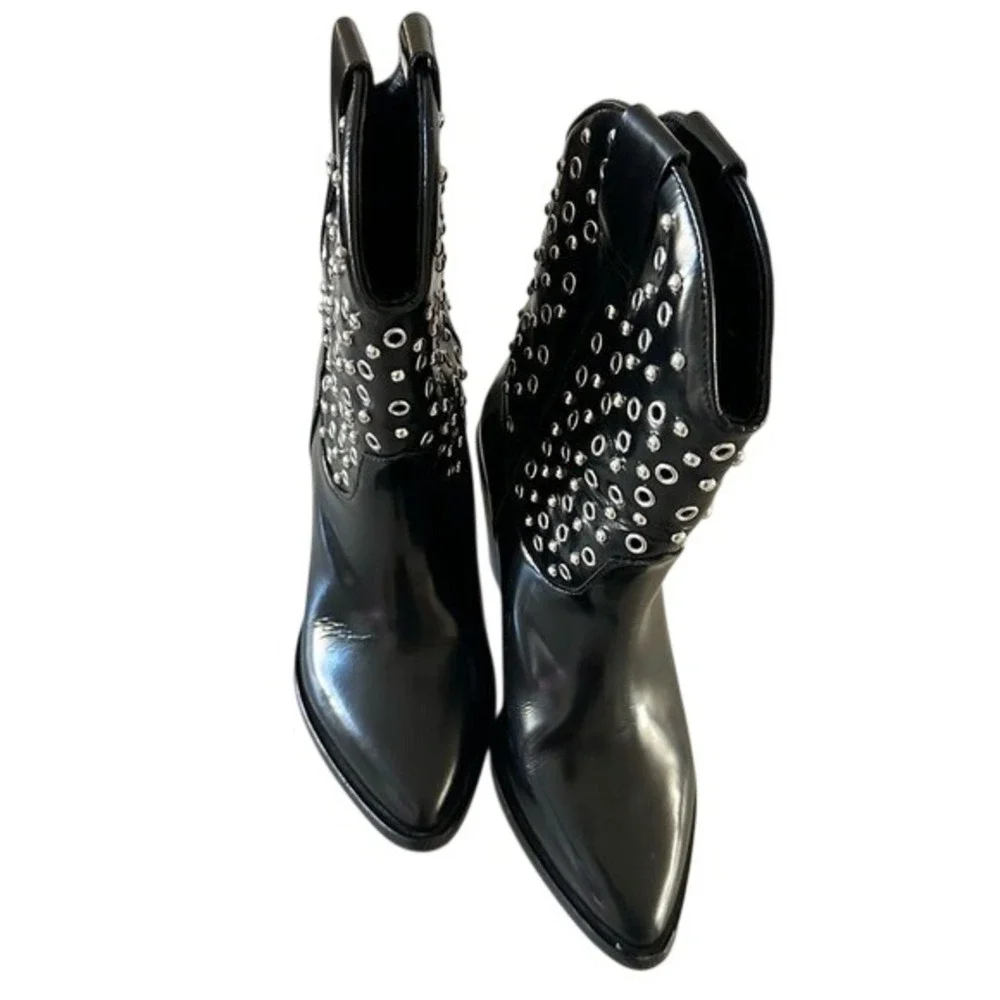 The Kooples Black Leather Studded Eyelet Western Ankle Boots Size‎ 37