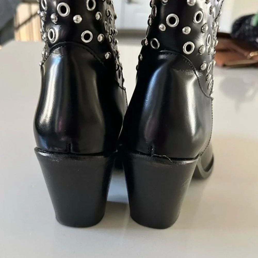 The Kooples Black Leather Studded Eyelet Western Ankle Boots Size‎ 37