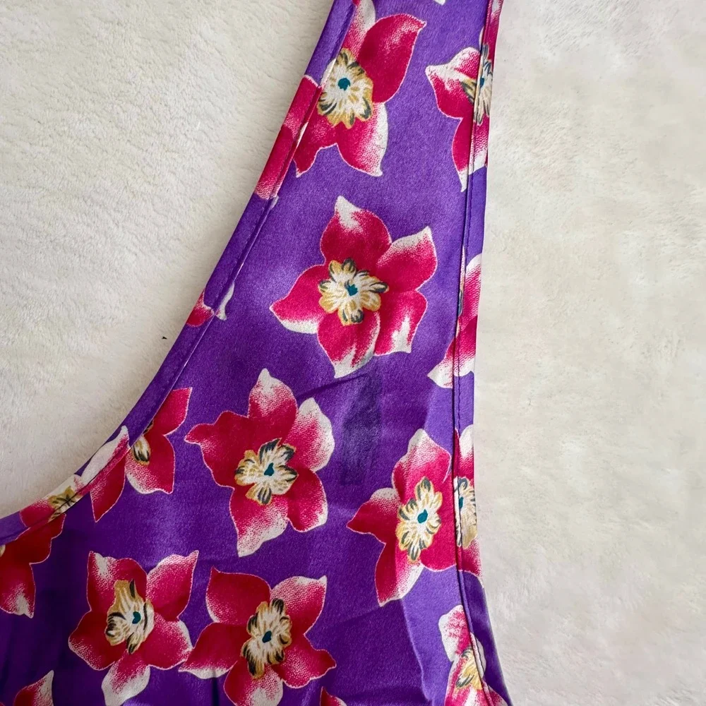 Vintage Go‎ Softly Purple Floral Slip Dress Nightgown Women L Large Satin Mini