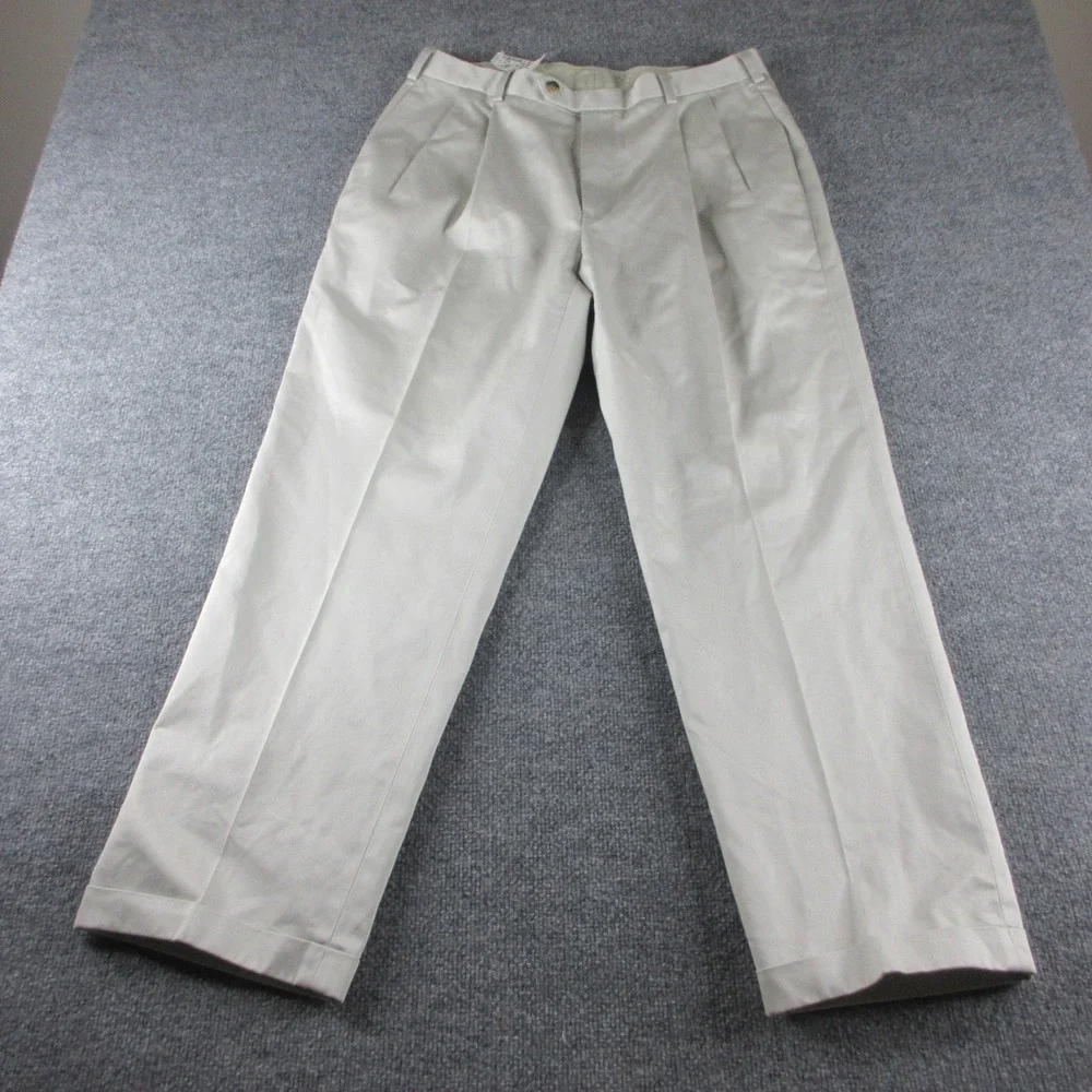 Jos A Bank Pants Mens 35x30 Beige Traveler Twill Pleated Cotton Dress Preppy