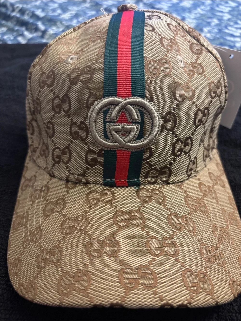 Beige GG Monogram Baseball Cap with Green-Red Web please read 👇