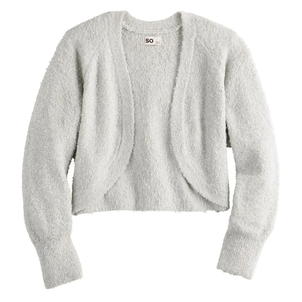 SO Girls Light‎ Gray Fuzzy Knit Open Front Bolero Cardigan Sweater M (8)